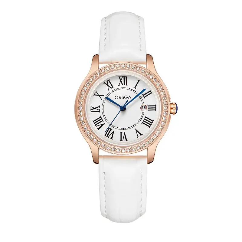 Women's Orange Leather Roman Dial Watch with Crystal Bezel - Image 3