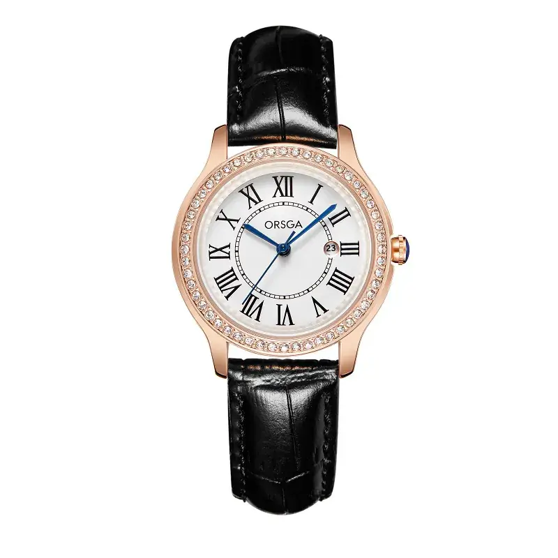 Women's Orange Leather Roman Dial Watch with Crystal Bezel - Image 6