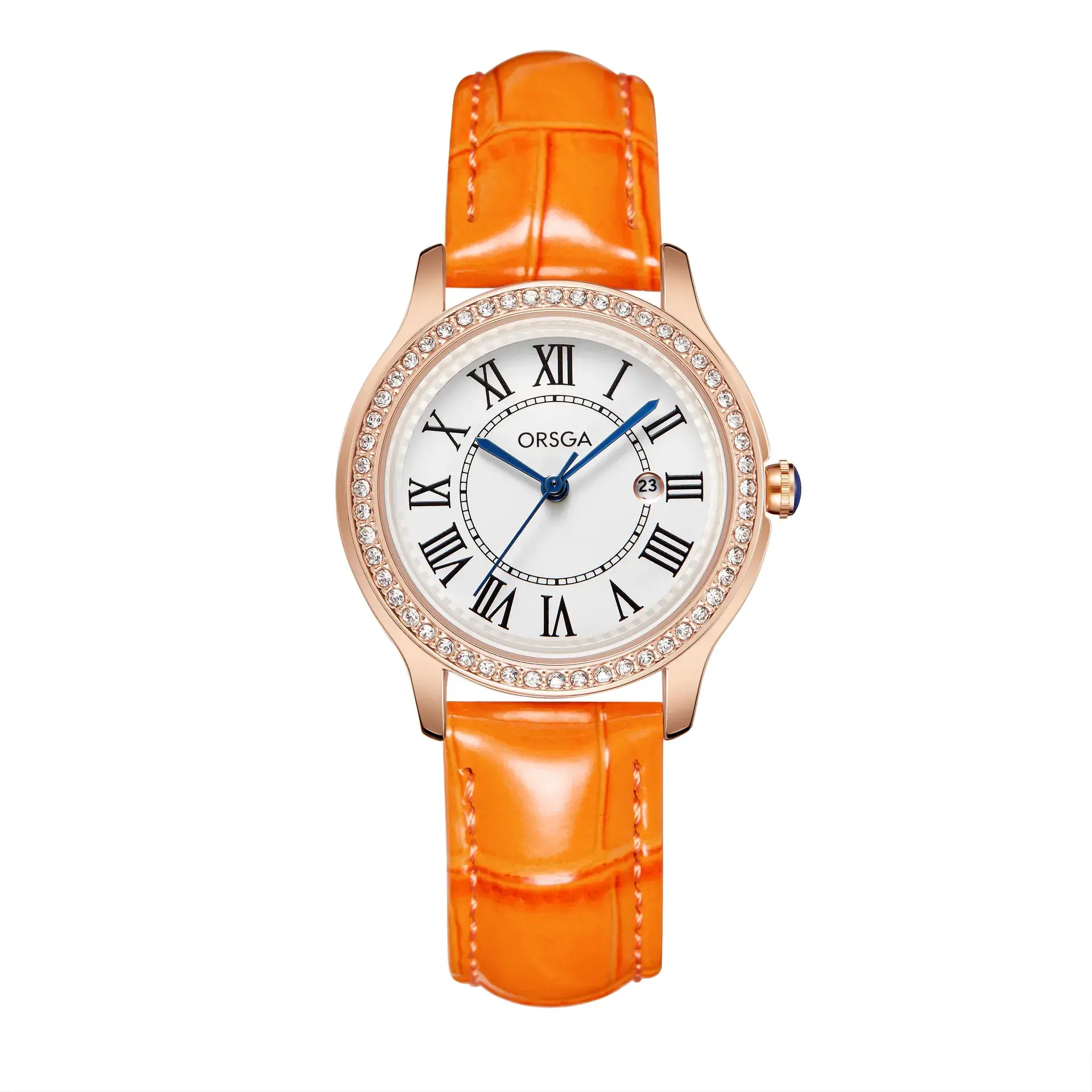Women's Orange Leather Roman Dial Watch with Crystal Bezel - Image 7
