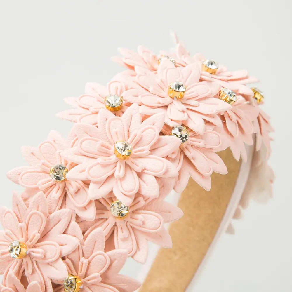 European American New Multi-layer Leather Flower Hair Hoop Women's Sponge High Cranial Top Diamond Super Fairy Solid Color Korean Mori Hair Accessories - Image 6