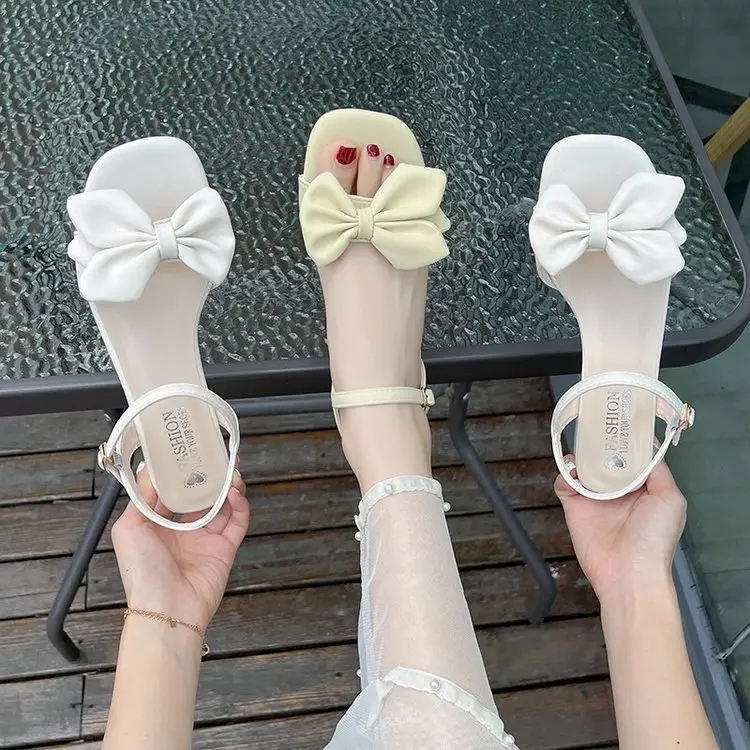 Women's Soft Leather High Heels for 2024 Summer New Arrival Fashionable All-Match Bow Comfortable One-Word Sandals with Thick Heel for Women - Image 4