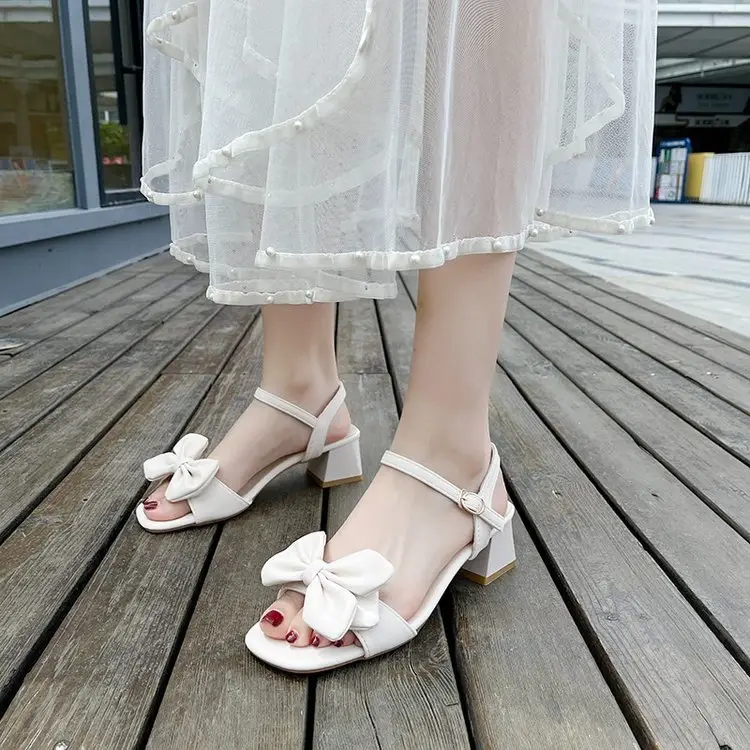 Women's Soft Leather High Heels for 2024 Summer New Arrival Fashionable All-Match Bow Comfortable One-Word Sandals with Thick Heel for Women — feature 1