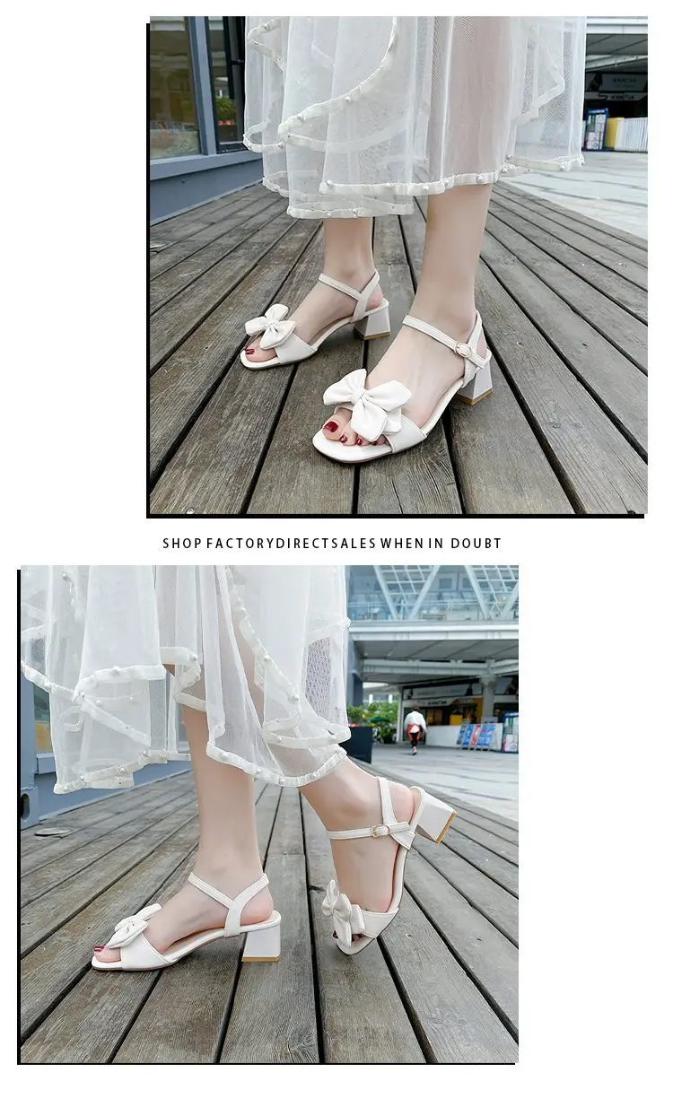 Women's Soft Leather High Heels for 2024 Summer New Arrival Fashionable All-Match Bow Comfortable One-Word Sandals with Thick Heel for Women — feature 6