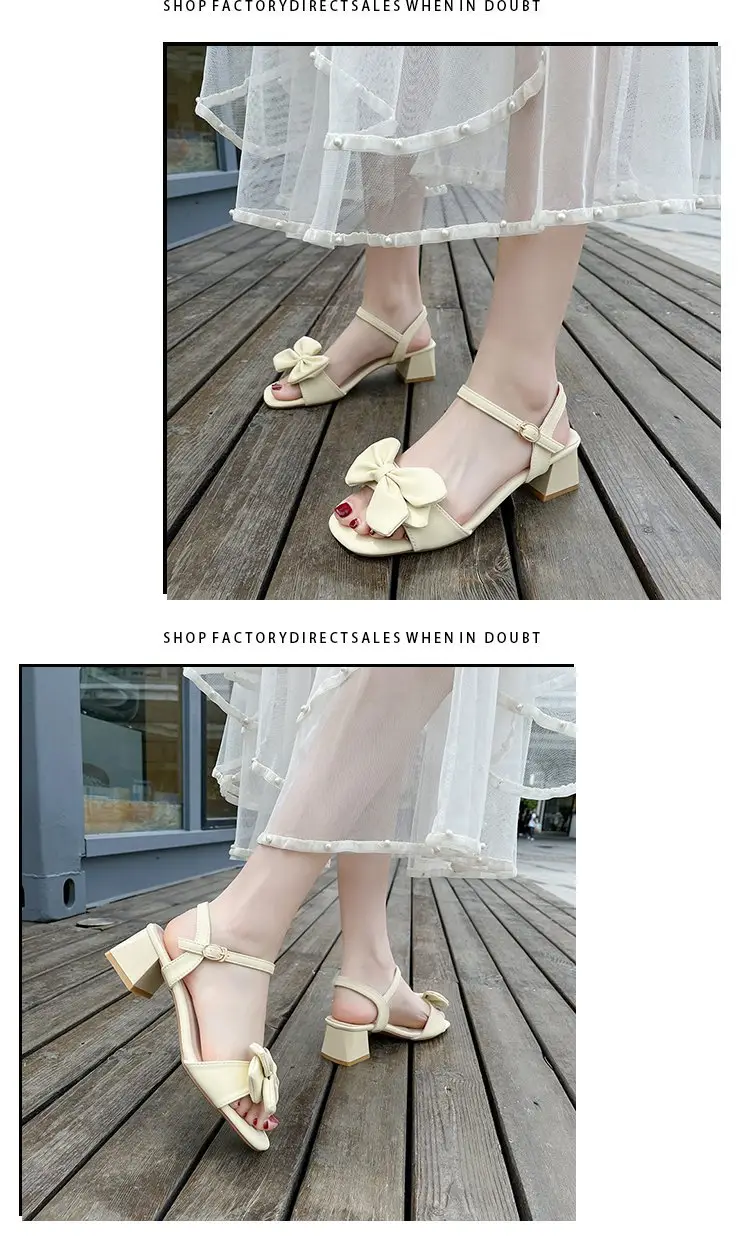 Women's Soft Leather High Heels for 2024 Summer New Arrival Fashionable All-Match Bow Comfortable One-Word Sandals with Thick Heel for Women — feature 7