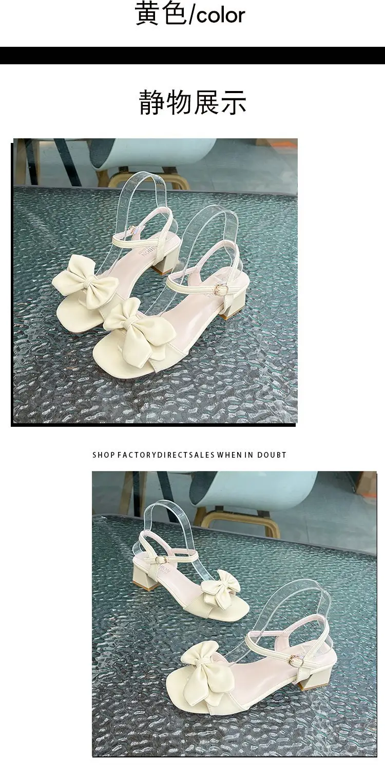 Women's Soft Leather High Heels for 2024 Summer New Arrival Fashionable All-Match Bow Comfortable One-Word Sandals with Thick Heel for Women — feature 8
