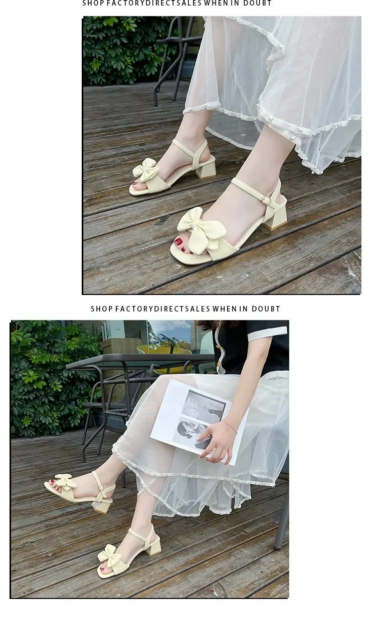 Women's Soft Leather High Heels for 2024 Summer New Arrival Fashionable All-Match Bow Comfortable One-Word Sandals with Thick Heel for Women — feature 9