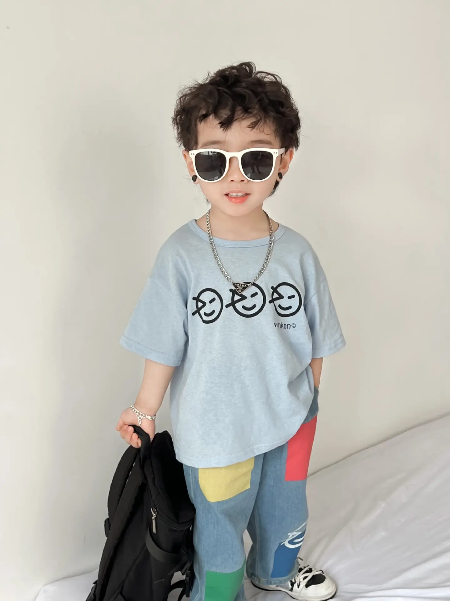 Kids T-Shirt Blue Smile Print Loose Summer Wear - Image 4