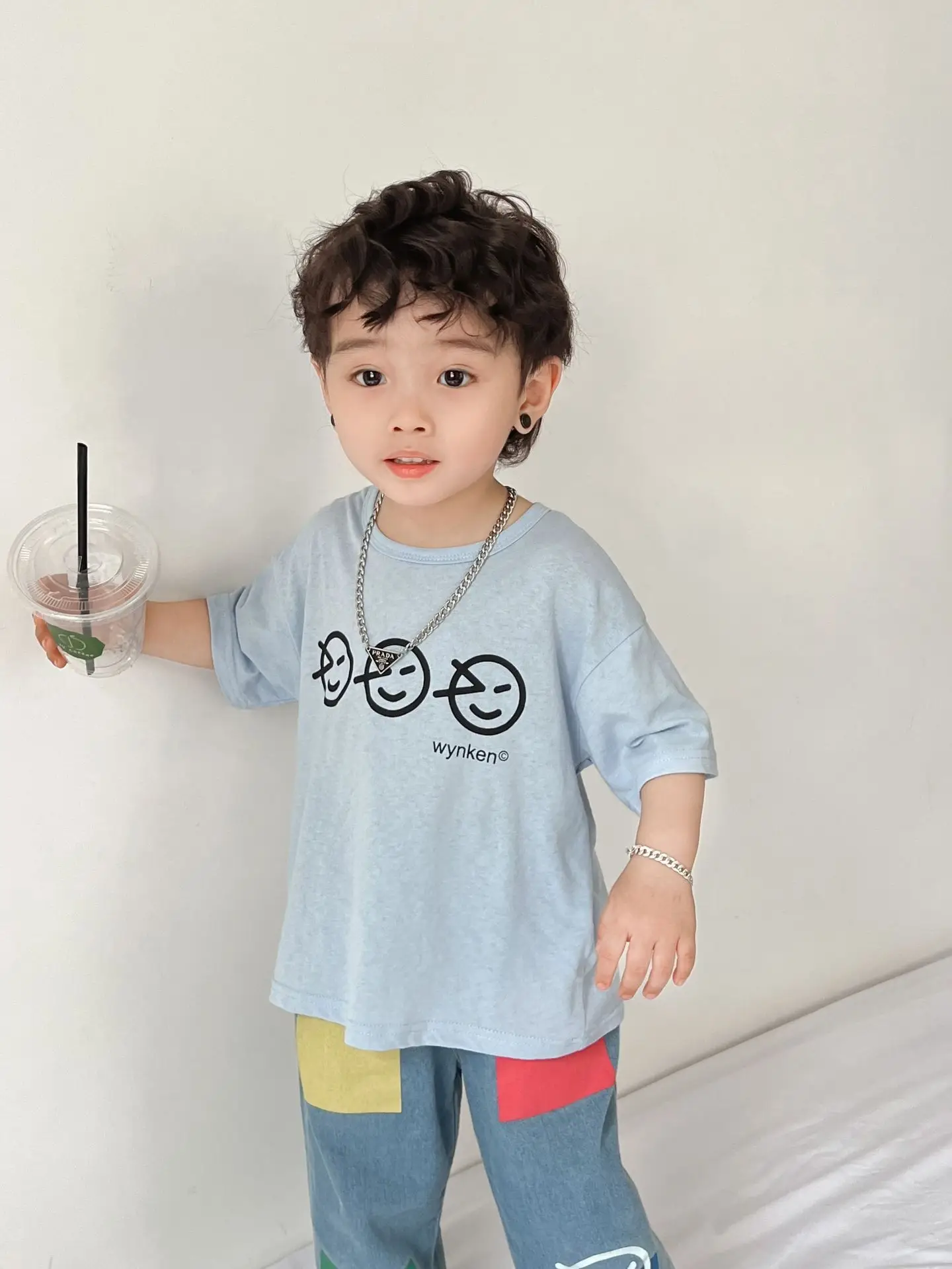 Kids T-Shirt Blue Smile Print Loose Summer Wear - Image 5