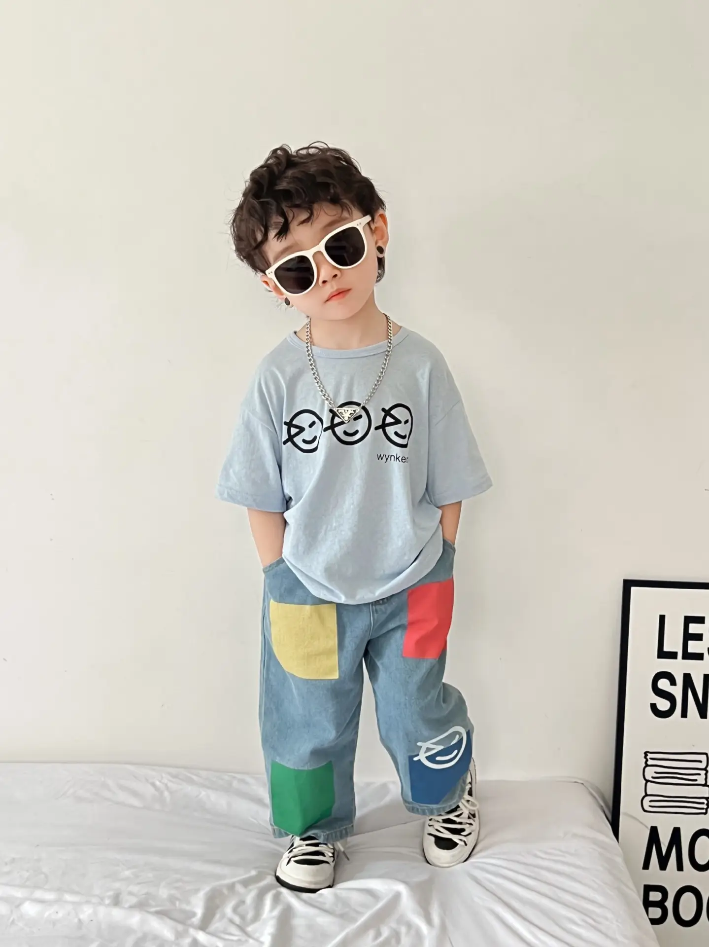 Kids T-Shirt Blue Smile Print Loose Summer Wear — feature 5
