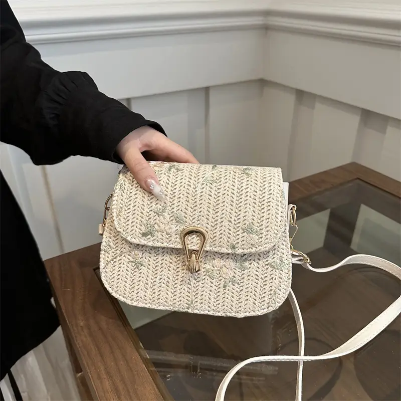 Women Woven Crossbody Bag Summer Beige Lace Flower