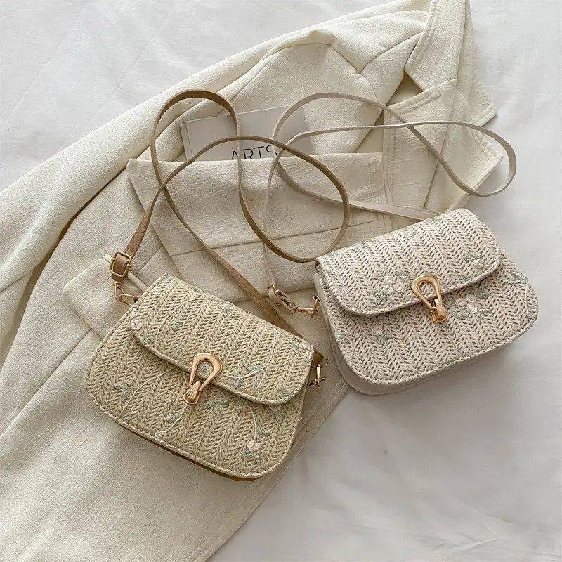 Women Woven Crossbody Bag Summer Beige Lace Flower