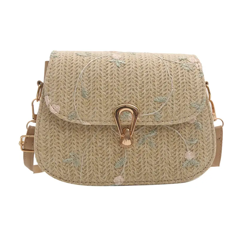Women Woven Crossbody Bag Summer Beige Lace Flower