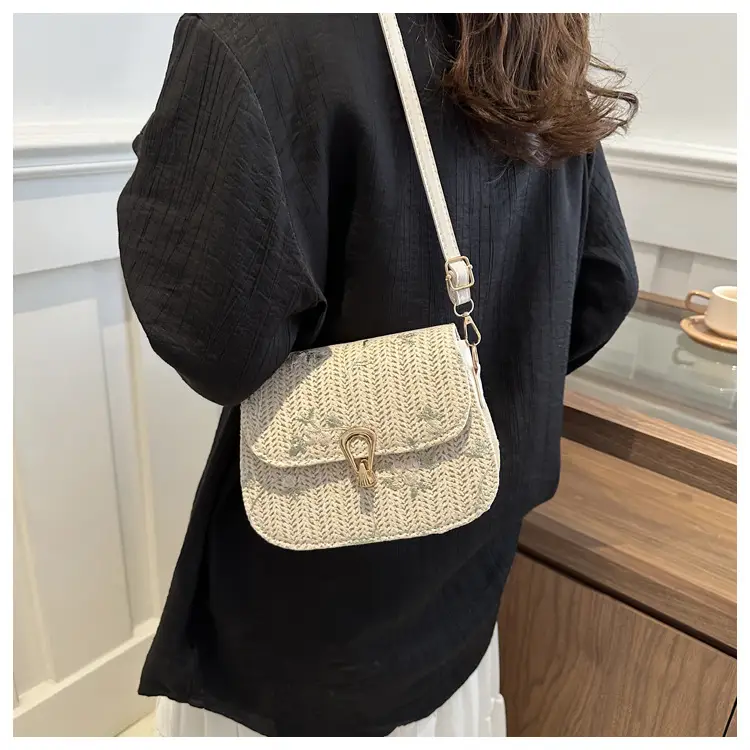 Women Woven Crossbody Bag Summer Beige Lace Flower — feature 10