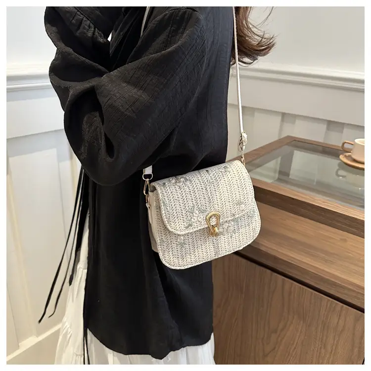 Women Woven Crossbody Bag Summer Beige Lace Flower — feature 11