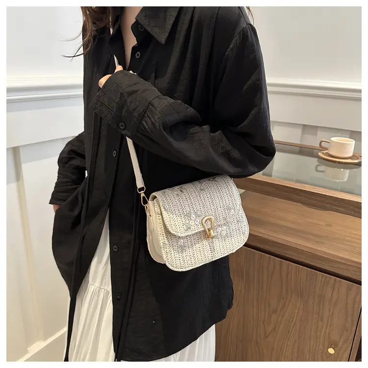 Women Woven Crossbody Bag Summer Beige Lace Flower — feature 12