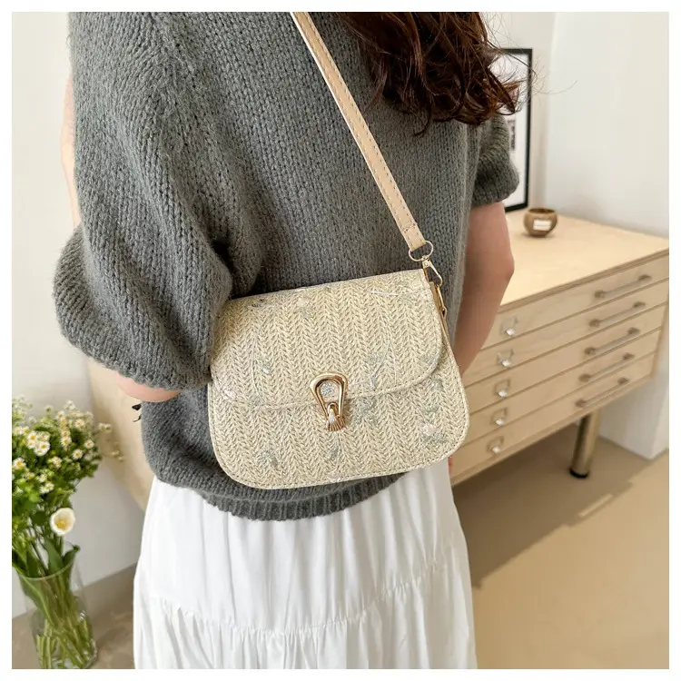 Women Woven Crossbody Bag Summer Beige Lace Flower — feature 14