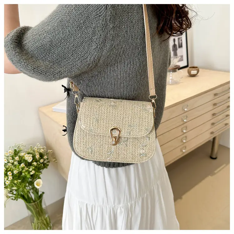 Women Woven Crossbody Bag Summer Beige Lace Flower — feature 15