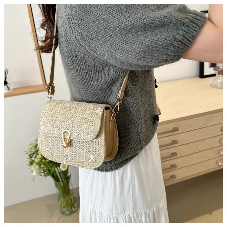 Women Woven Crossbody Bag Summer Beige Lace Flower — feature 17