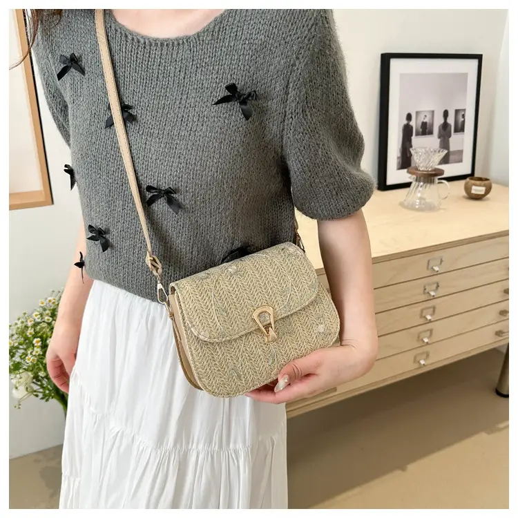 Women Woven Crossbody Bag Summer Beige Lace Flower — feature 18