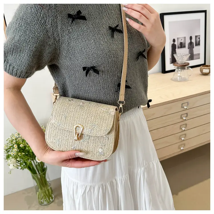 Women Woven Crossbody Bag Summer Beige Lace Flower — feature 19