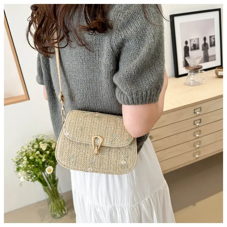 Women Woven Crossbody Bag Summer Beige Lace Flower — feature 20