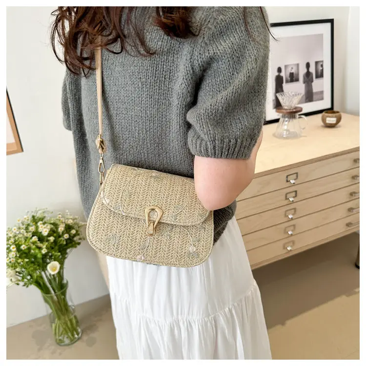 Women Woven Crossbody Bag Summer Beige Lace Flower — feature 21