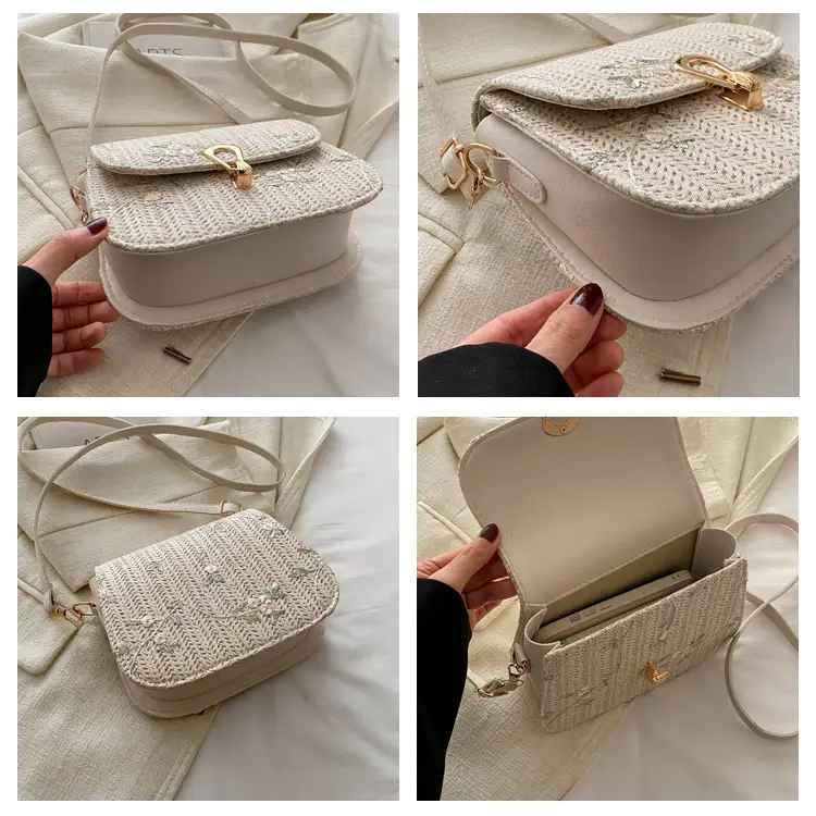 Women Woven Crossbody Bag Summer Beige Lace Flower — feature 7