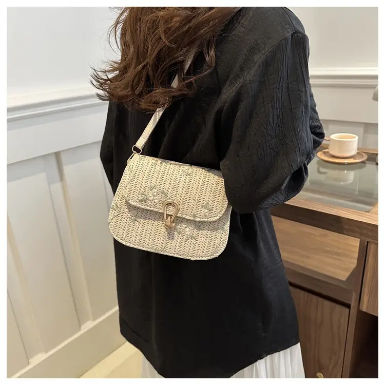 Women Woven Crossbody Bag Summer Beige Lace Flower — feature 8