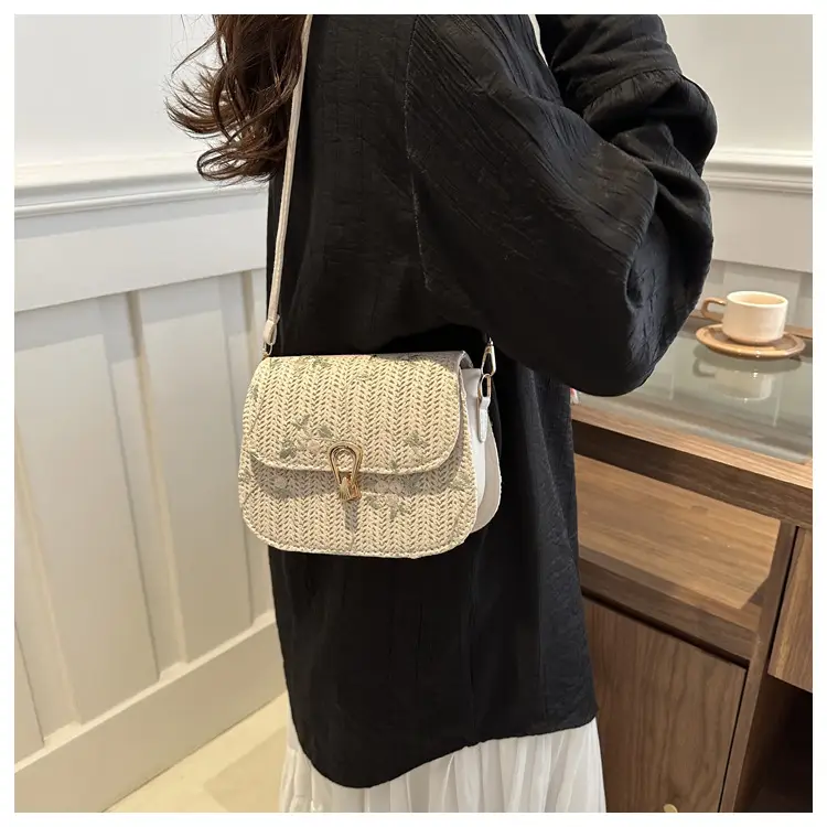 Women Woven Crossbody Bag Summer Beige Lace Flower — feature 9