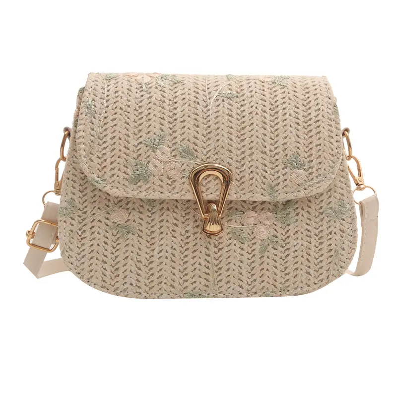 Women Woven Crossbody Bag Summer Beige Lace Flower