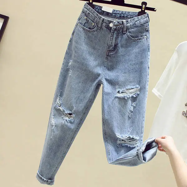 Non-Real Shot New Skinny All-Match Harlan Dad Jeans Women's Loose Cropped Straight Pants with Holes — feature 3