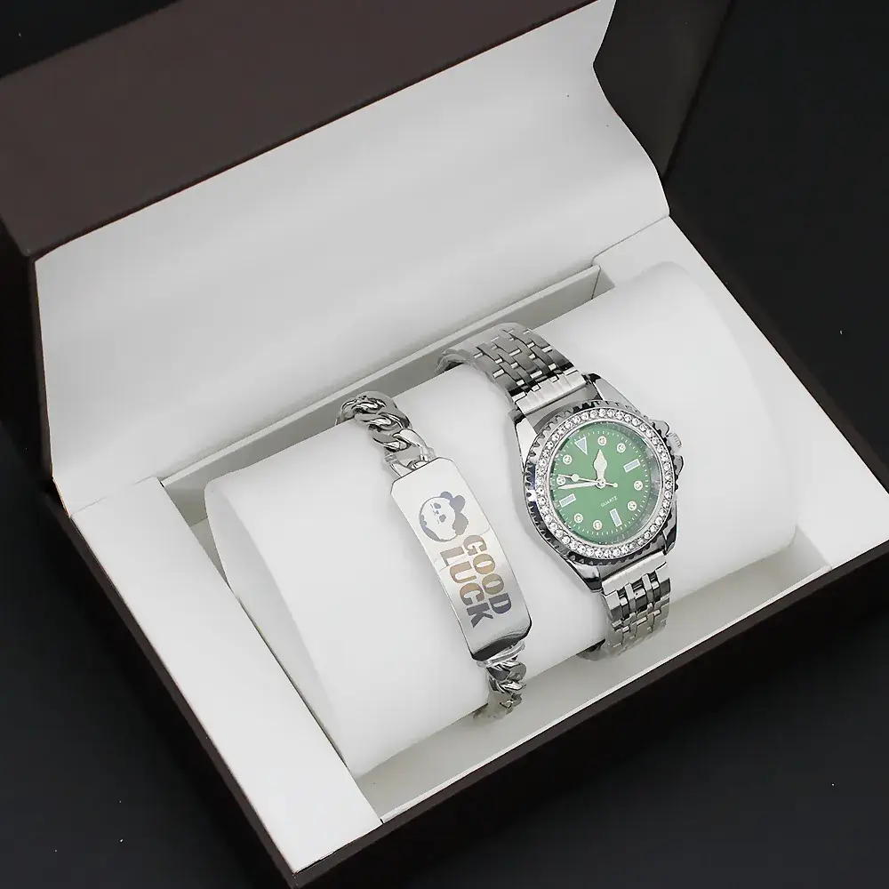 Couple Green Quartz Bracelet Watch Set for Men & Women - Image 3