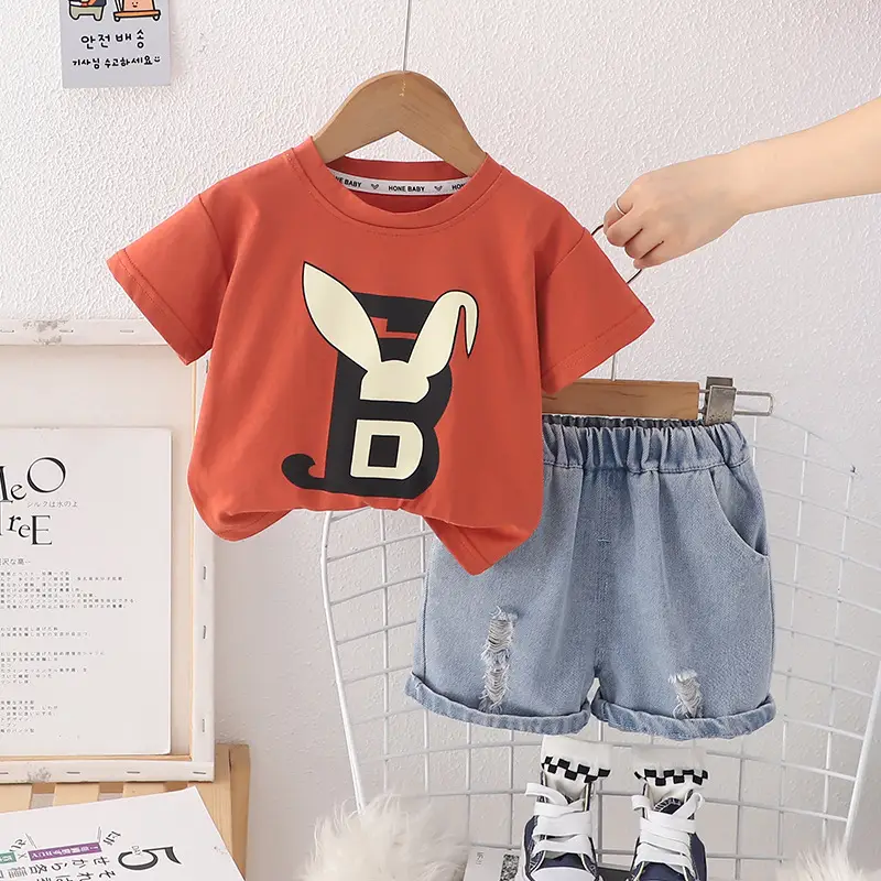 Kids Cotton Short Sleeve T-Shirt Shorts Set Green Blue - Image 2