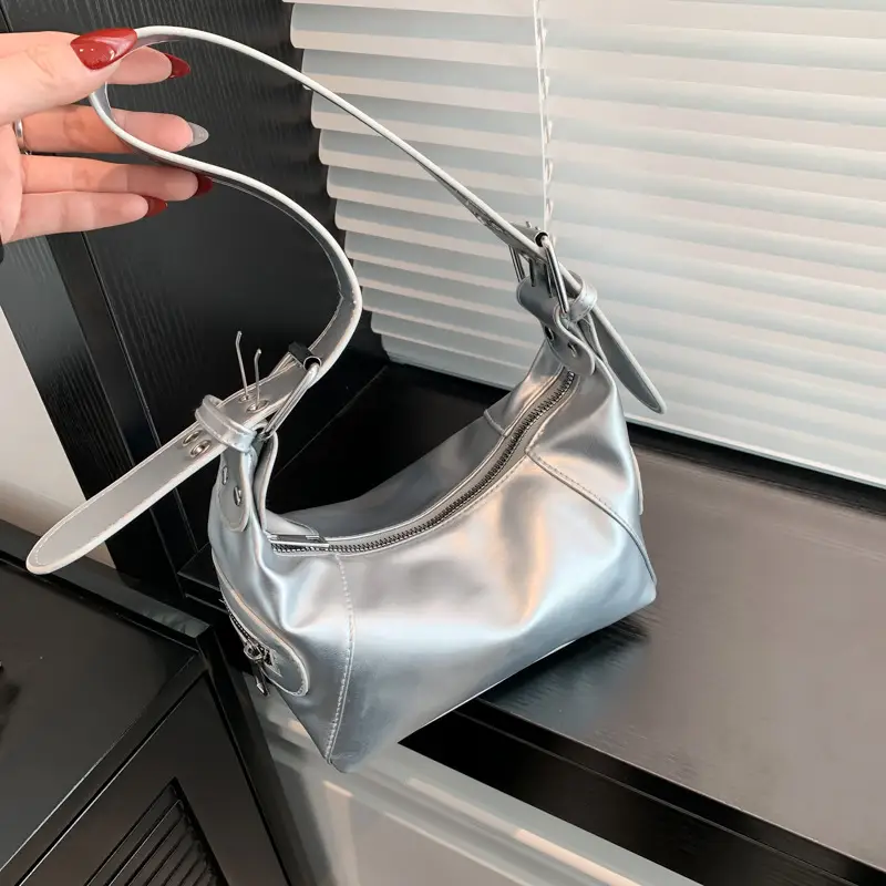 Silver Leather Shoulder Bag for Women Spring Summer - Image 8