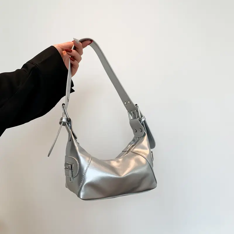 Silver Leather Shoulder Bag for Women Spring Summer - Image 3