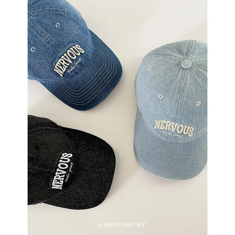 Women Washed Denim Peaked Cap Nerveous Blue Small - Image 7