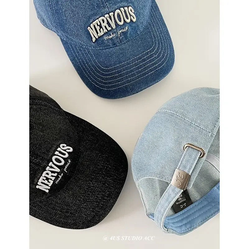 Women Washed Denim Peaked Cap Nerveous Blue Small - Image 8