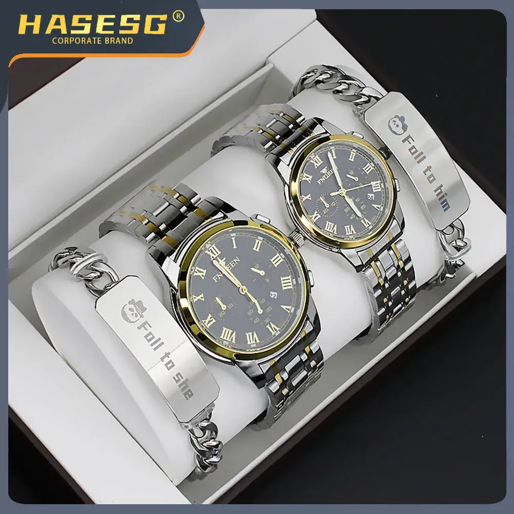 Couple Watch Set Gold White Quartz Bracelet Gift