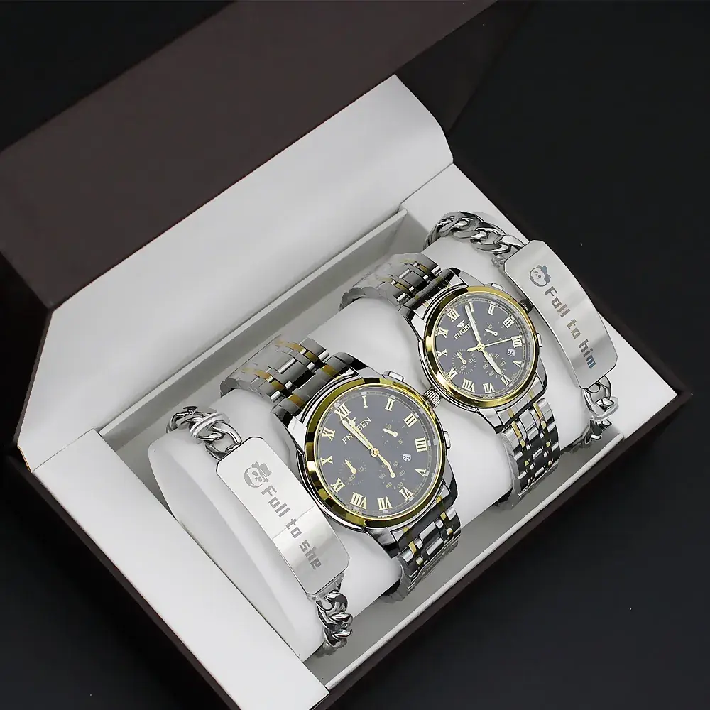 Couple Watch Set Gold White Quartz Bracelet Gift