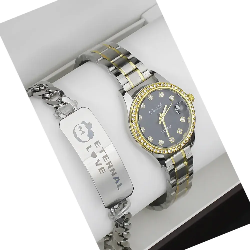 Elevate Your Couple's Watch Set with Gold & Silver Steel Band Quartz Watch - Image 4