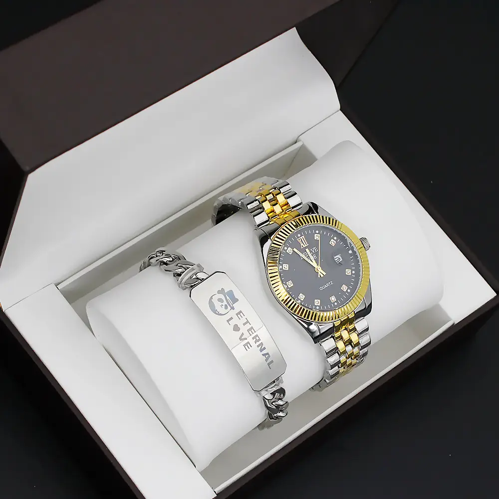 Elevate Your Couple's Watch Set with Gold & Silver Steel Band Quartz Watch — feature 9