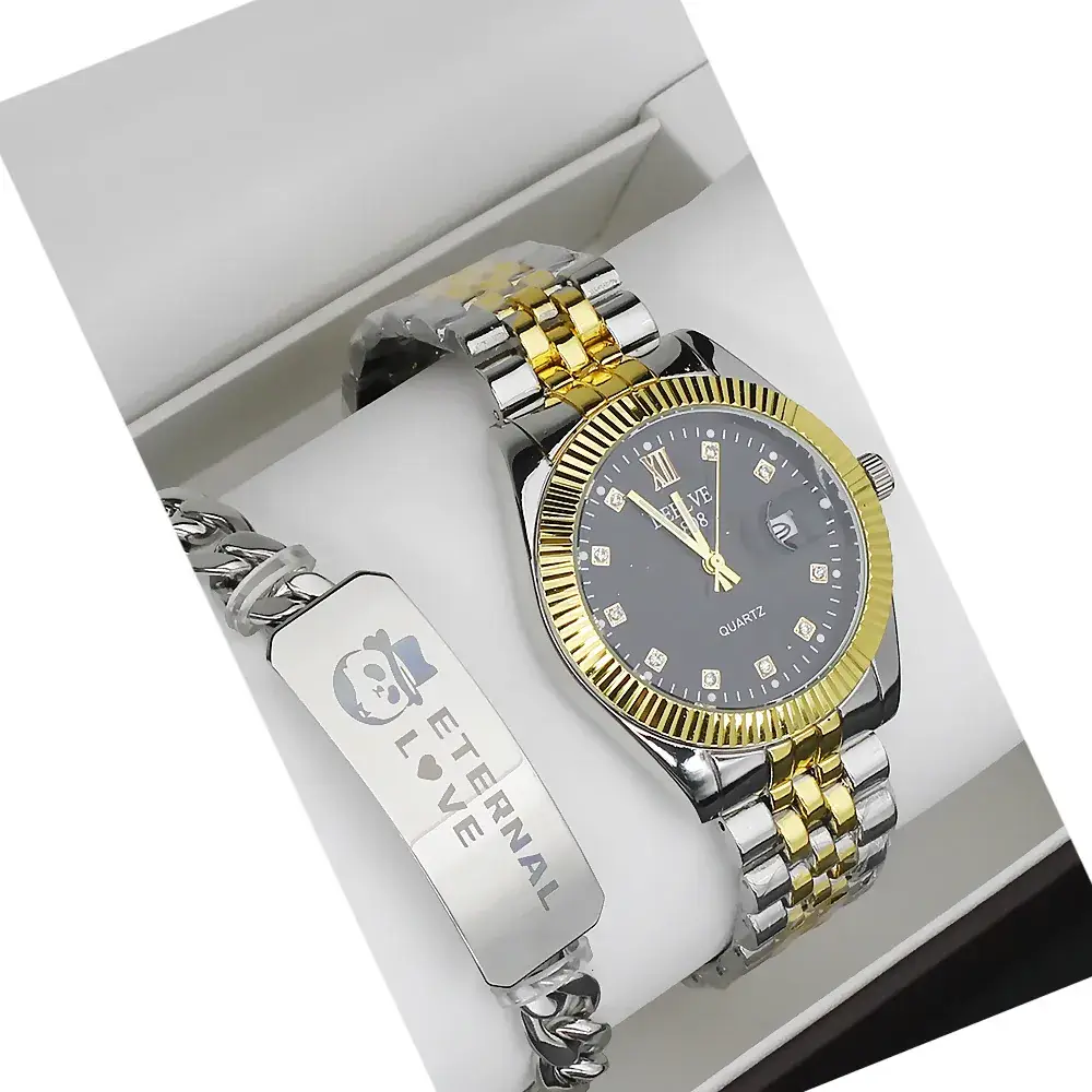 Elevate Your Couple's Watch Set with Gold & Silver Steel Band Quartz Watch - Image 3