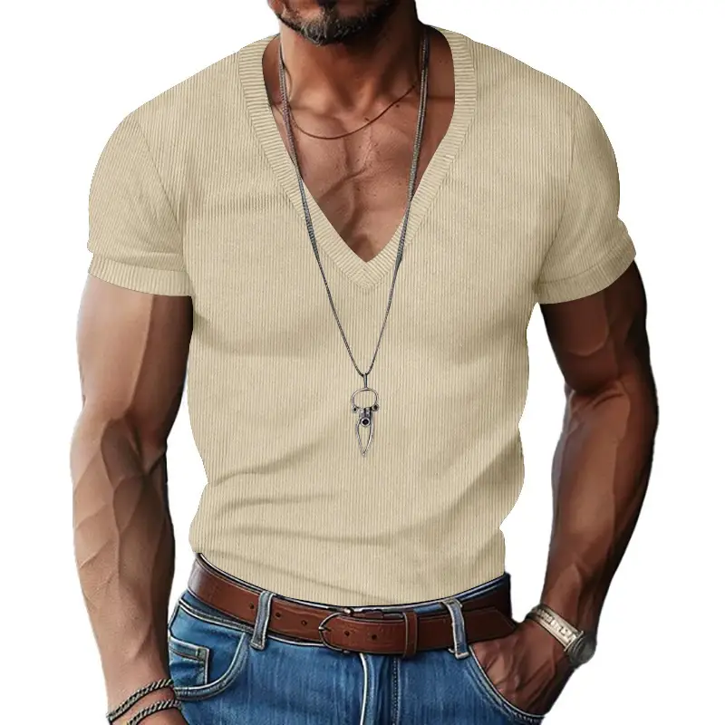 Men V-neck Corduroy T-Shirt Black Slim Fit Summer