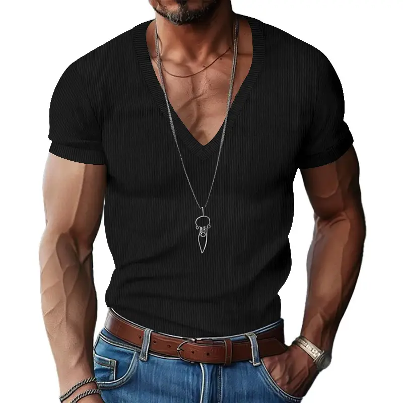 Men V-neck Corduroy T-Shirt Black Slim Fit Summer