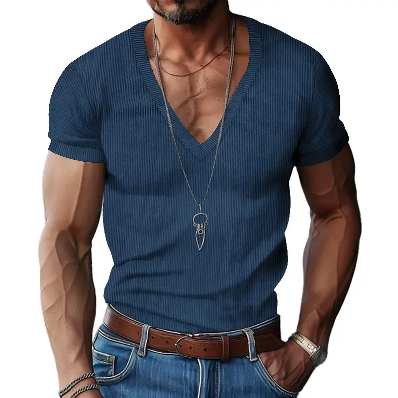 Men V-neck Corduroy T-Shirt Black Slim Fit Summer