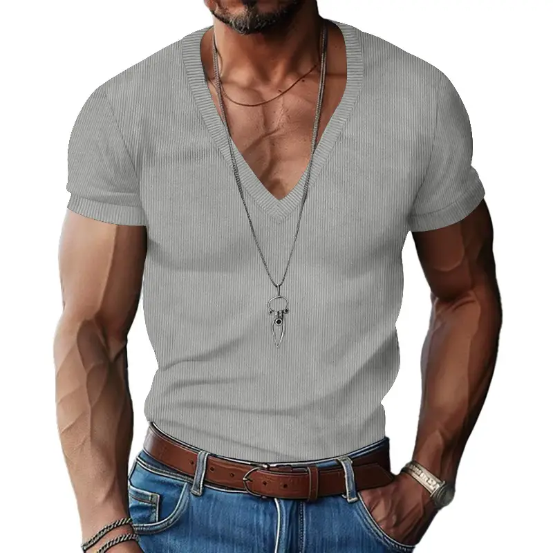 Men V-neck Corduroy T-Shirt Black Slim Fit Summer