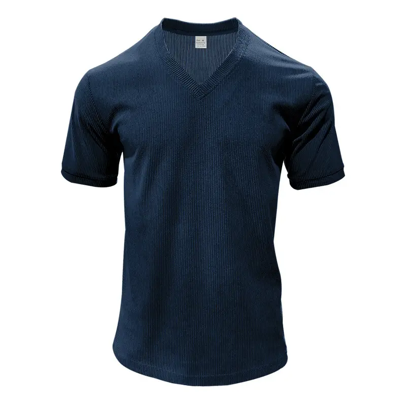 Men V-neck Corduroy T-Shirt Black Slim Fit Summer — feature 10
