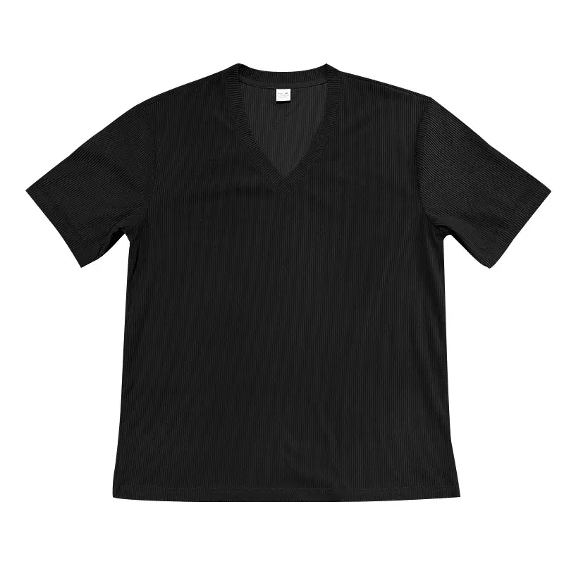 Men V-neck Corduroy T-Shirt Black Slim Fit Summer — feature 14