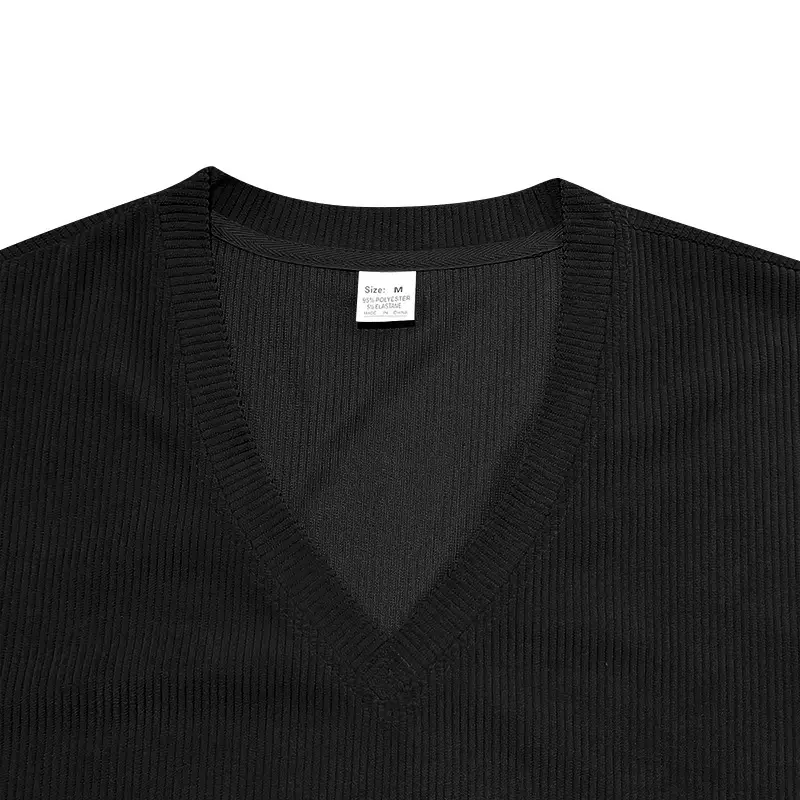 Men V-neck Corduroy T-Shirt Black Slim Fit Summer — feature 17