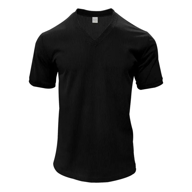 Men V-neck Corduroy T-Shirt Black Slim Fit Summer — feature 19